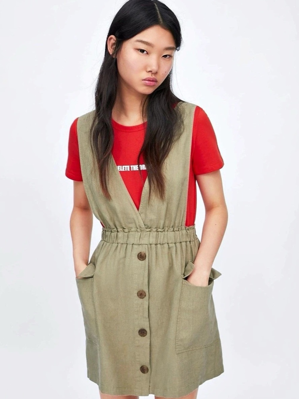 Zara Utility Pinafore Mini Dress Olive & Black